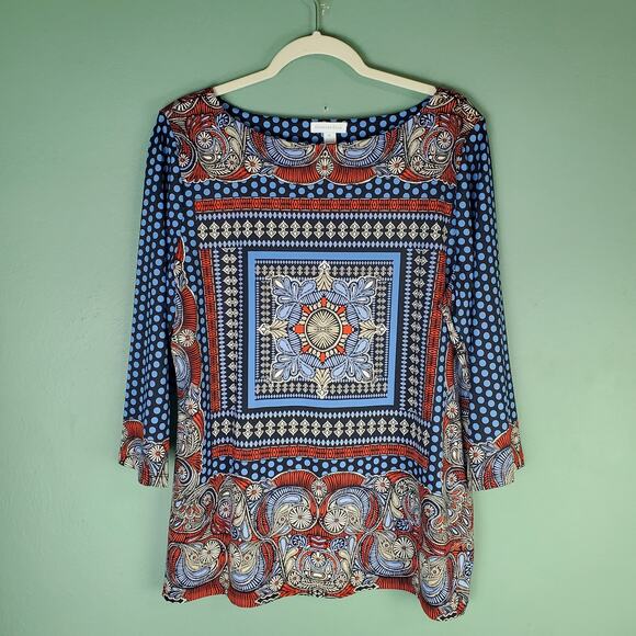 Charter Club Red Blue Stretchy Multicolor Medallion 3/4 Sleeve Top Size XL - Picture 1 of 8